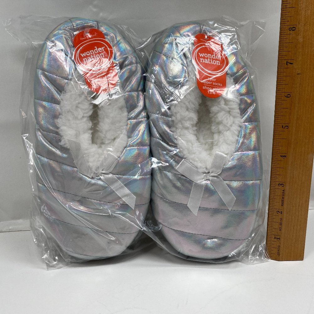 2 Pairs of Wonder Nation Slipper Socks Holographic Shoe Size 13-4 NEW SEALED BAG